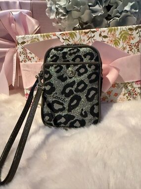 Coach Glitter Leopard Wristlet in Black and Silver